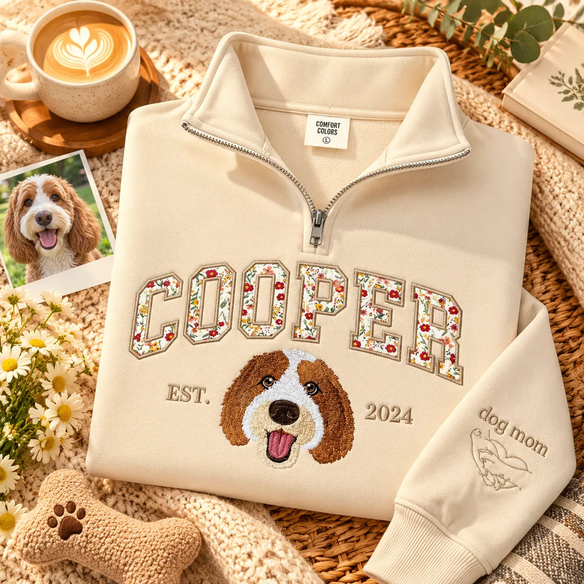 Cream COOPER floral applique quarter-zip with optional dog mom sleeve embroidery