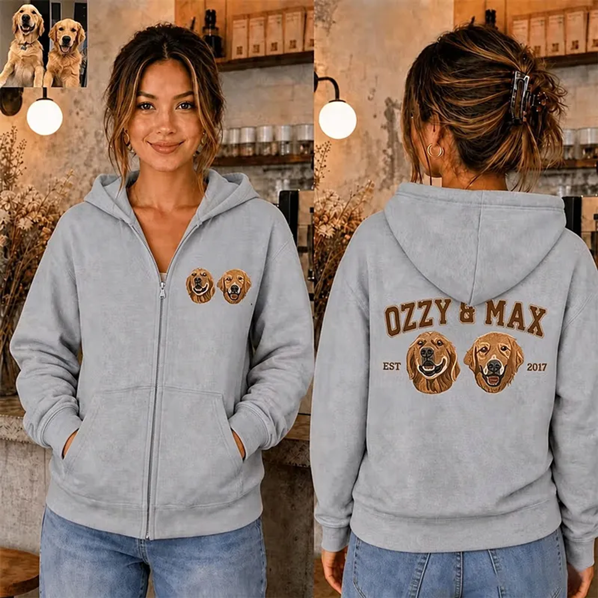 Gray zip hoodie with two embroidered dog portraits and OZZY & MAX names