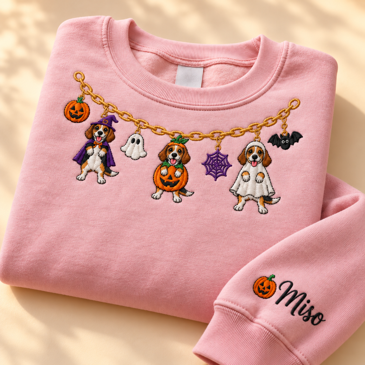 Custom Beagle Halloween charm embroidered sweatshirt with personalized sleeve name