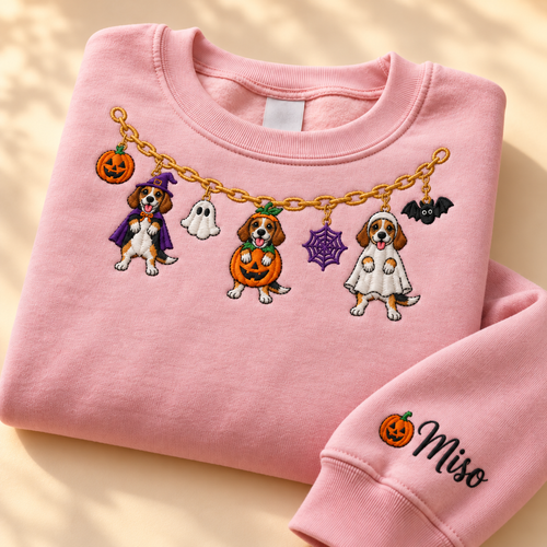 Custom Beagle Halloween charm embroidered sweatshirt with personalized sleeve name