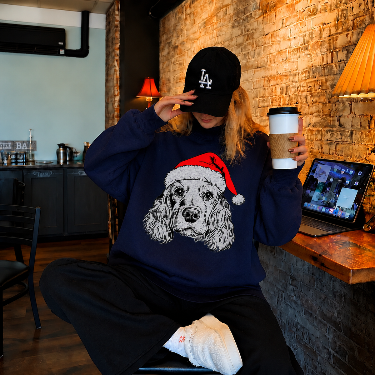 Navy mockneck sweatshirt with spaniel and red Santa hat sketch print