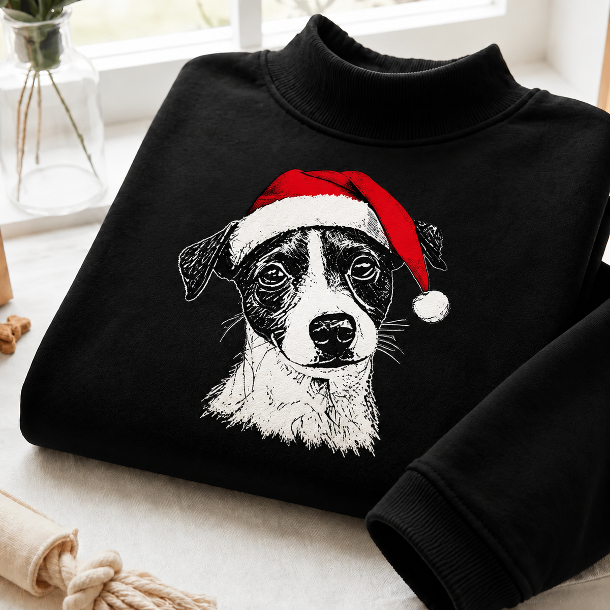 Black mockneck sweatshirt with puppy and red Santa hat print and plain sleeves