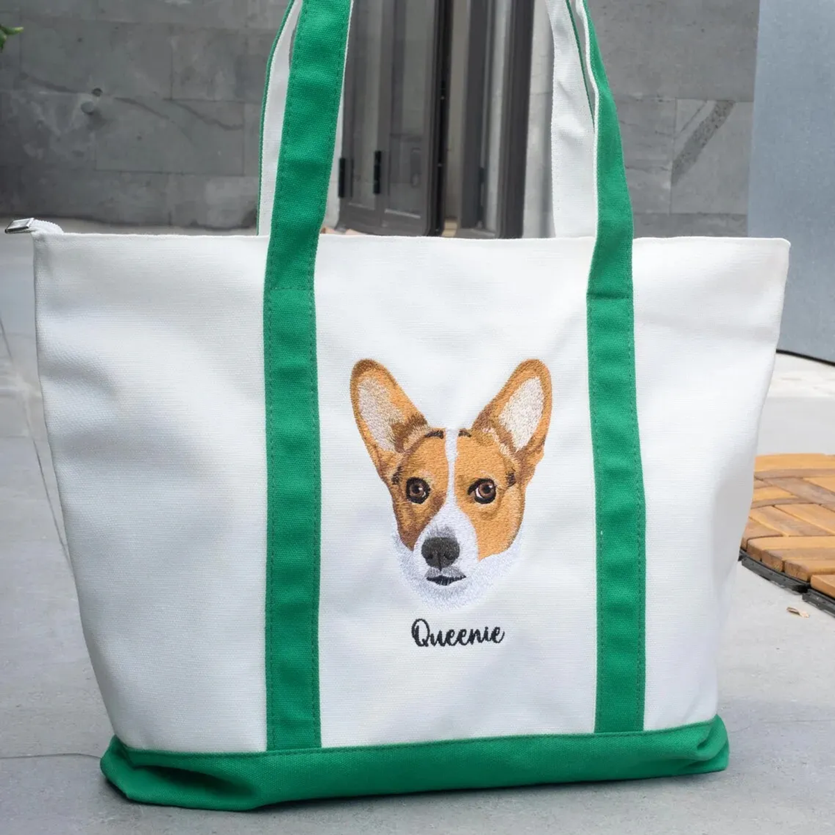 Green and cream tote with Queenie corgi portrait and name