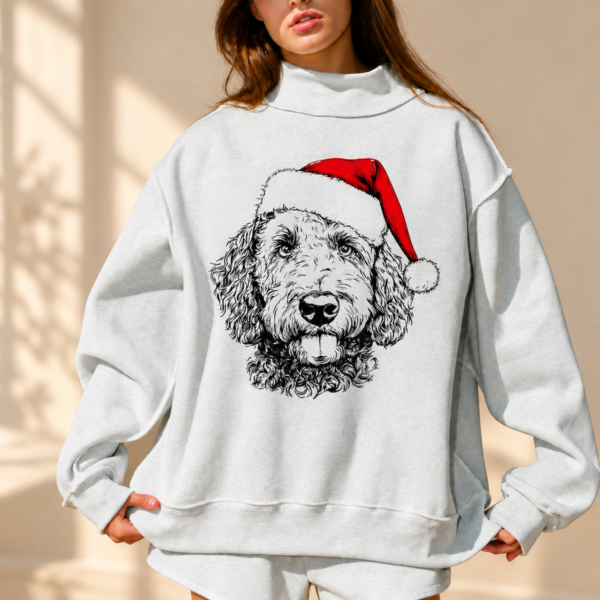 Pale blue mockneck sweatshirt with large curly dog and red Santa hat sketch print