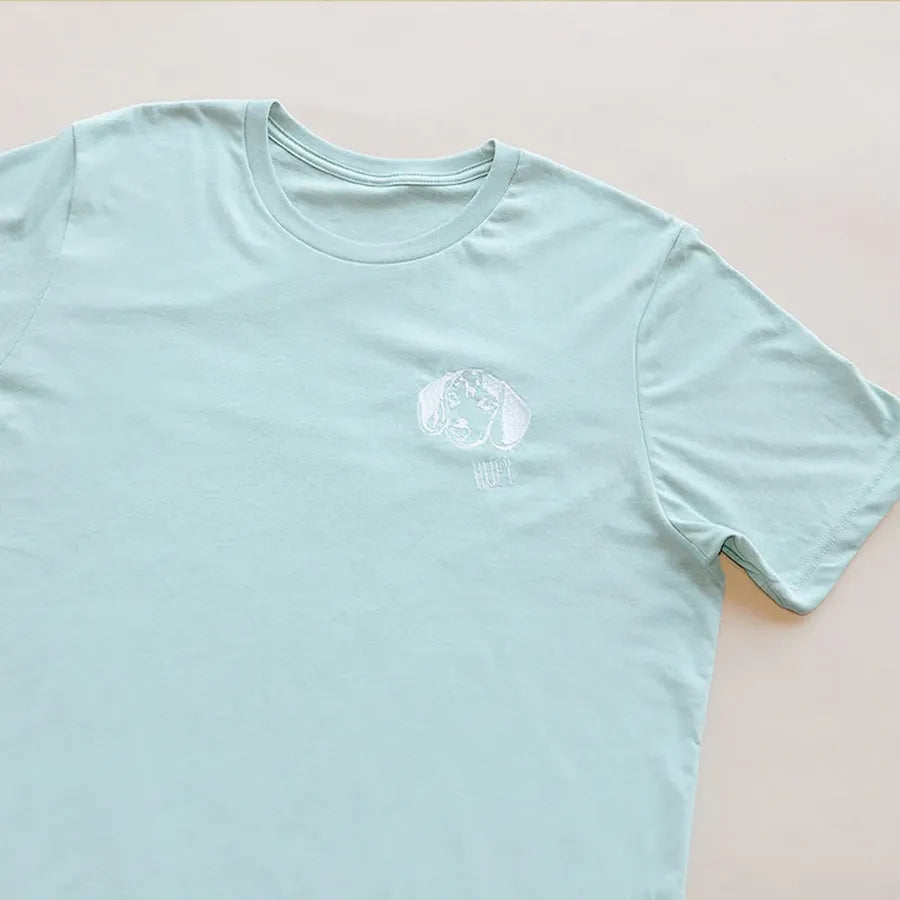 Mint green pet portrait T-shirt laid flat