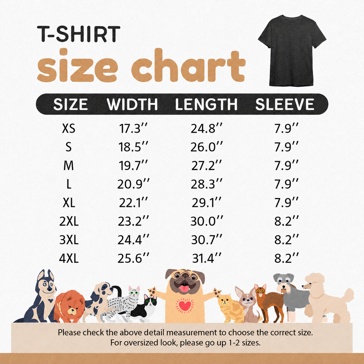 T-shirt size chart XS to 4XL with inch measurements