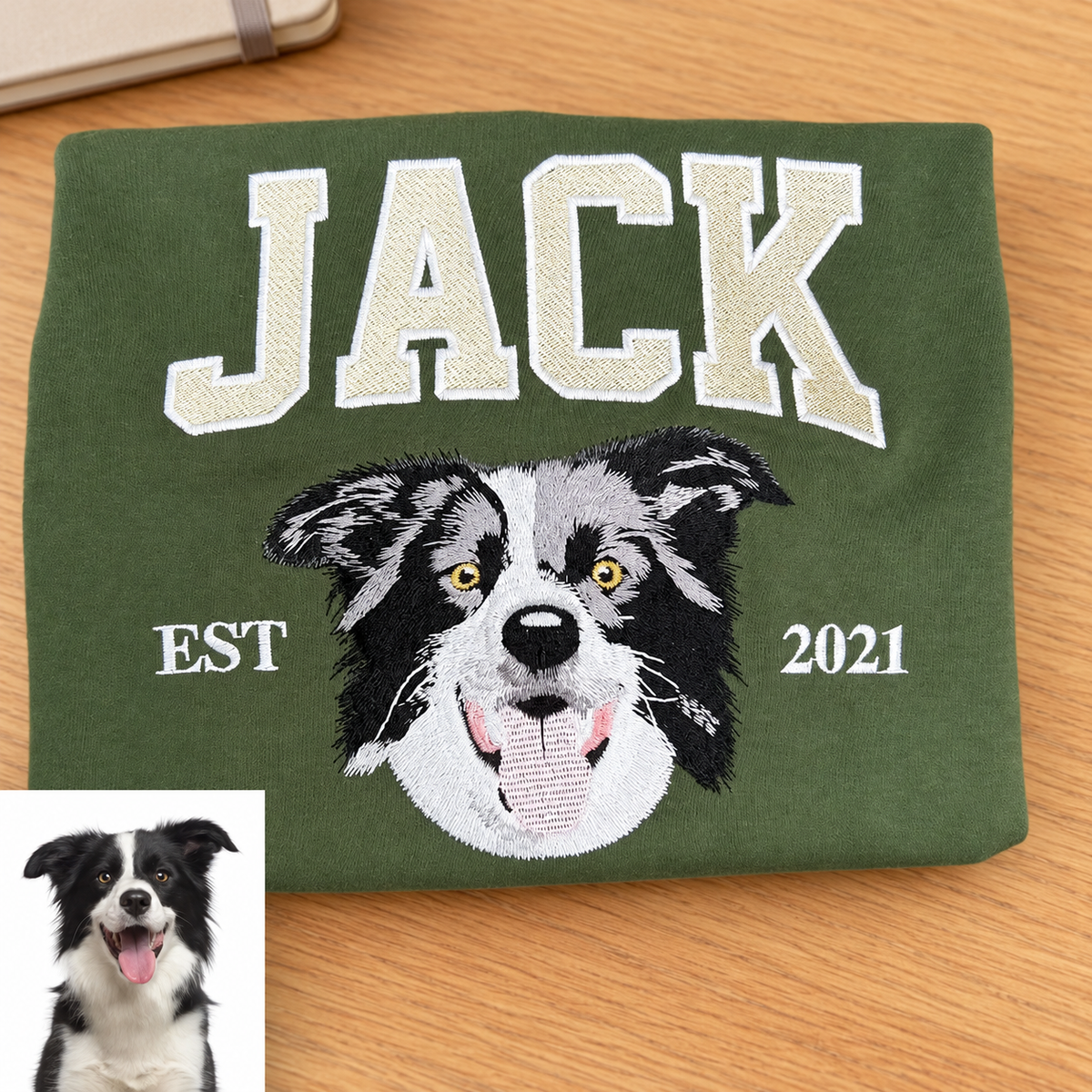 Green Jack varsity name pet portrait sweatshirt with EST 2021 and dog photo