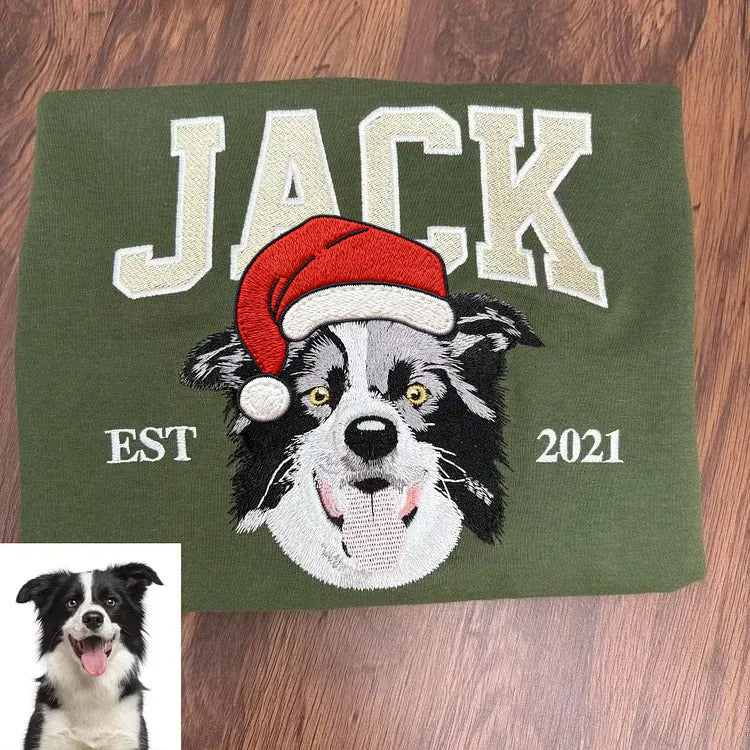Green Jack pet portrait sweatshirt with Santa hat detail