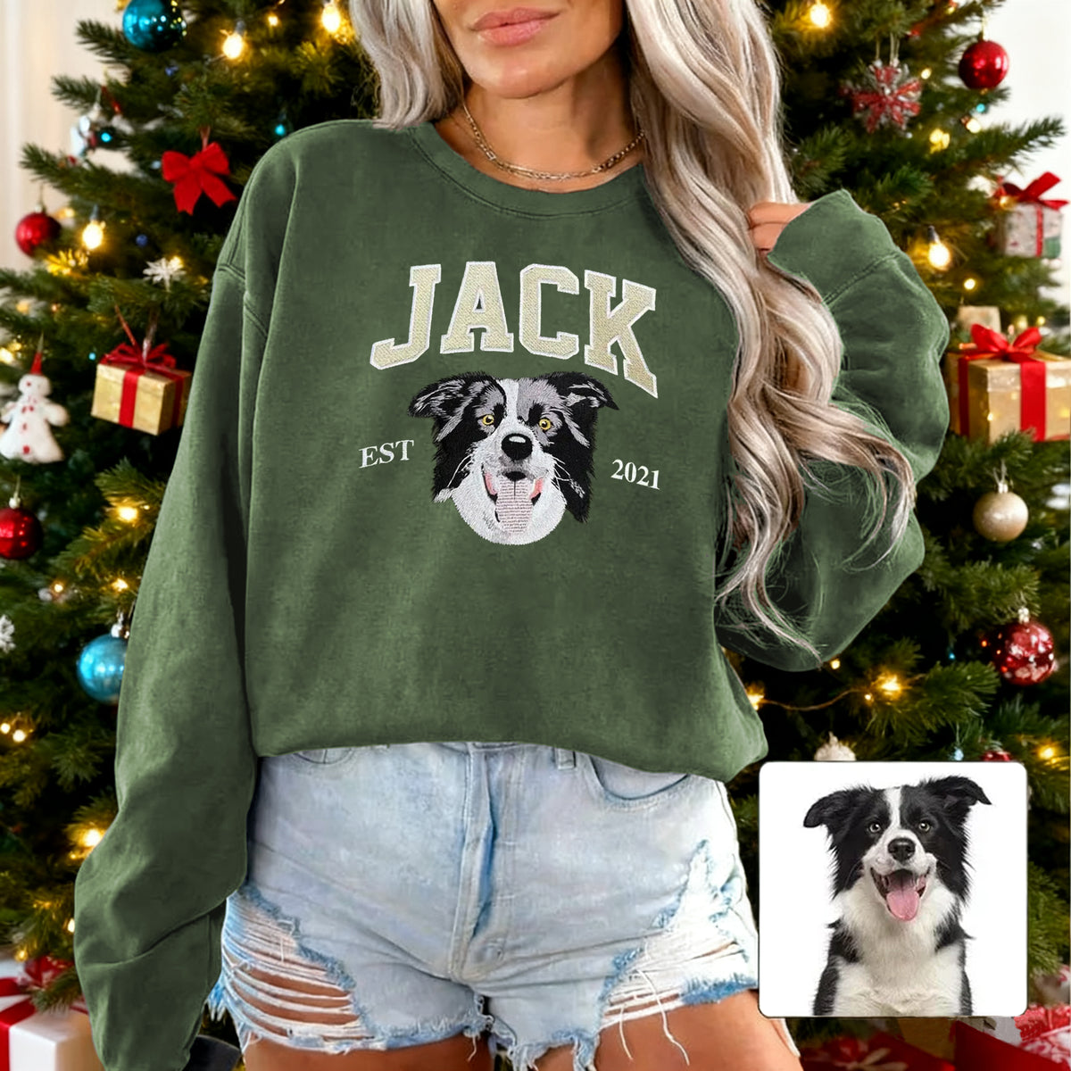 Model wearing green Jack portrait sweatshirt near a Christmas tree