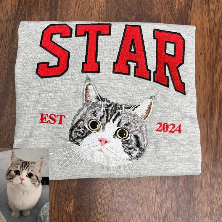 Gray Star cat portrait sweatshirt with red varsity name