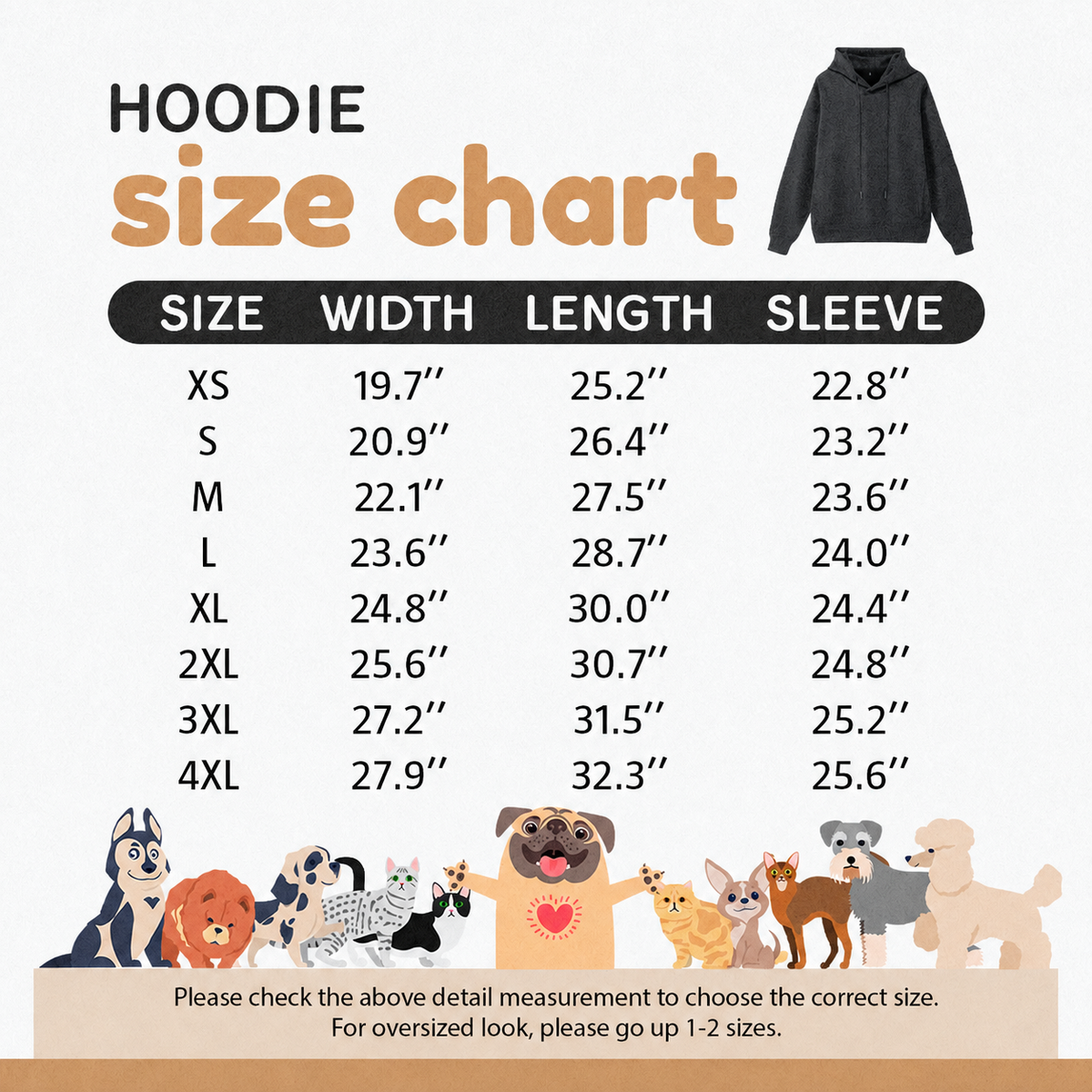 Hoodie size chart XS to 4XL in inches