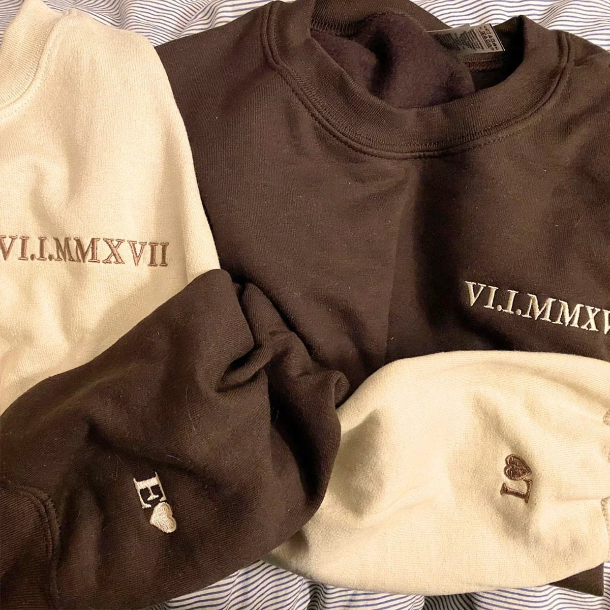 Brown and cream embroidered anniversary date sweatshirts
