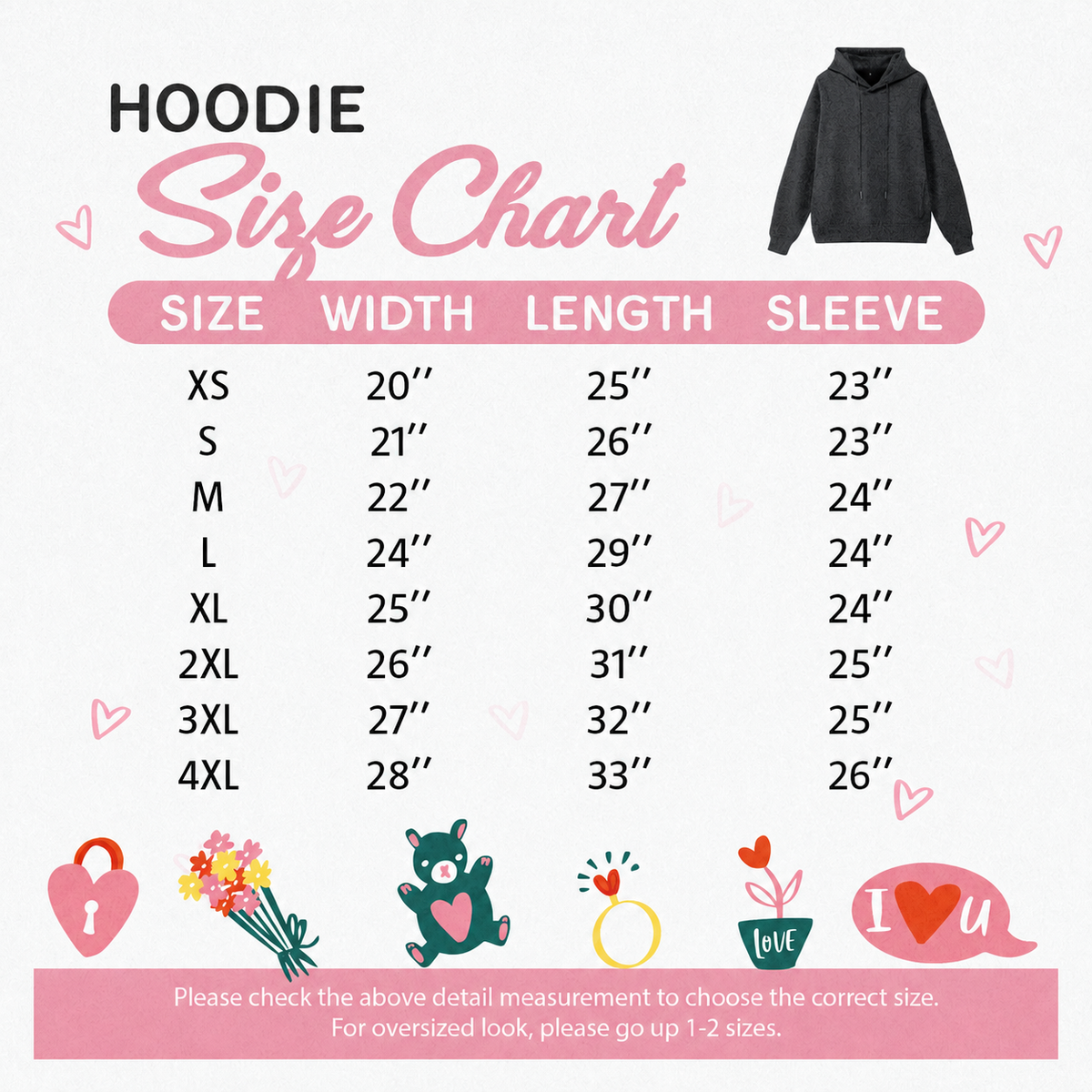 Hoodie size chart XS to 4XL with inch measurements