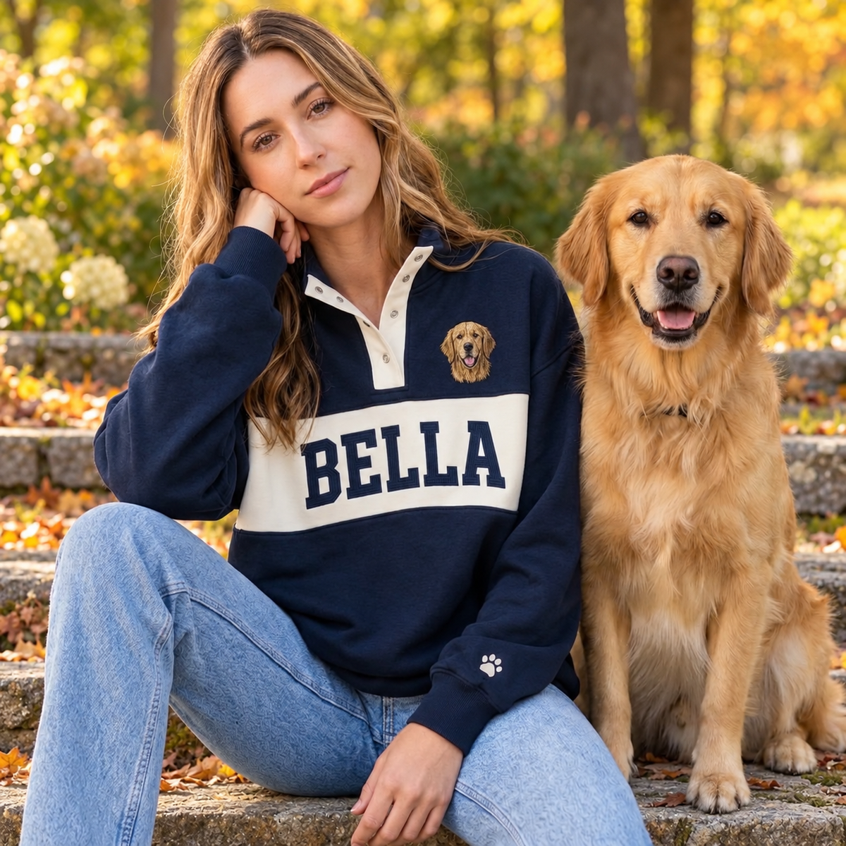 Model in navy Bella pet portrait snap pullover beside her golden retriever