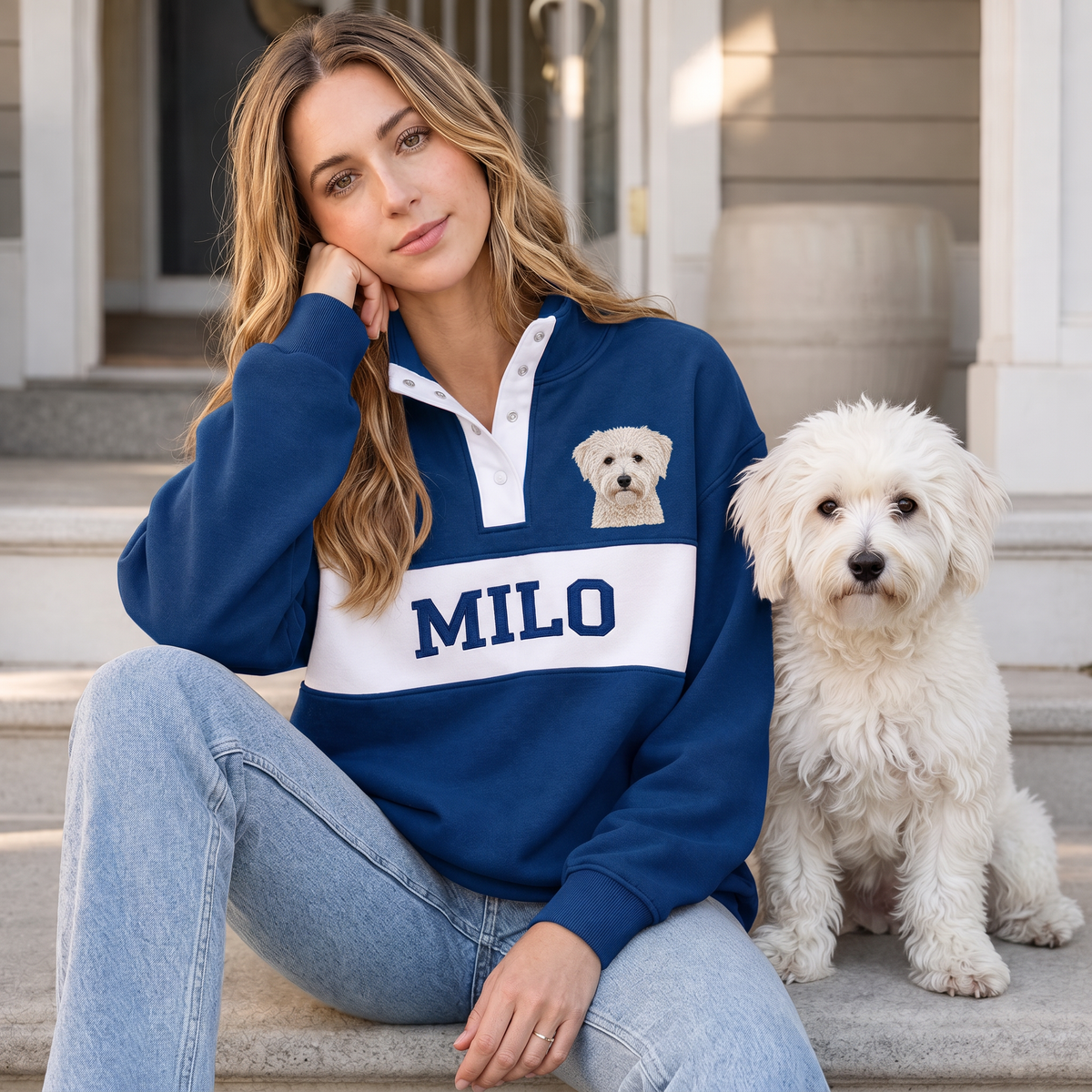 Blue Milo pet portrait snap pullover worn beside a white dog