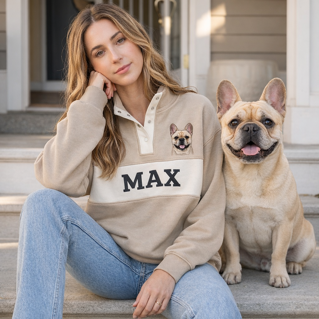 Beige Max French bulldog portrait snap pullover worn beside the dog