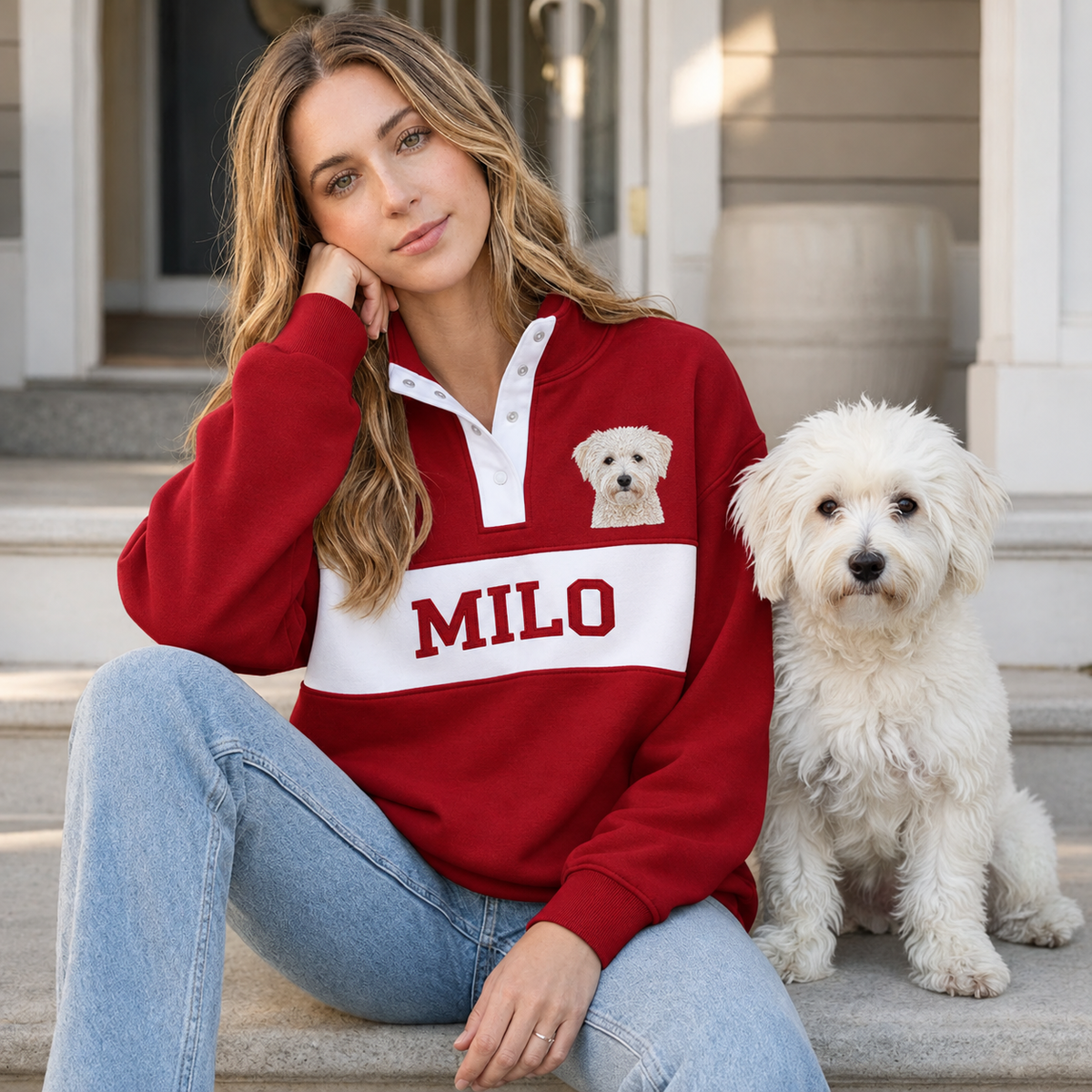 Red Milo dog portrait snap pullover worn beside a white dog