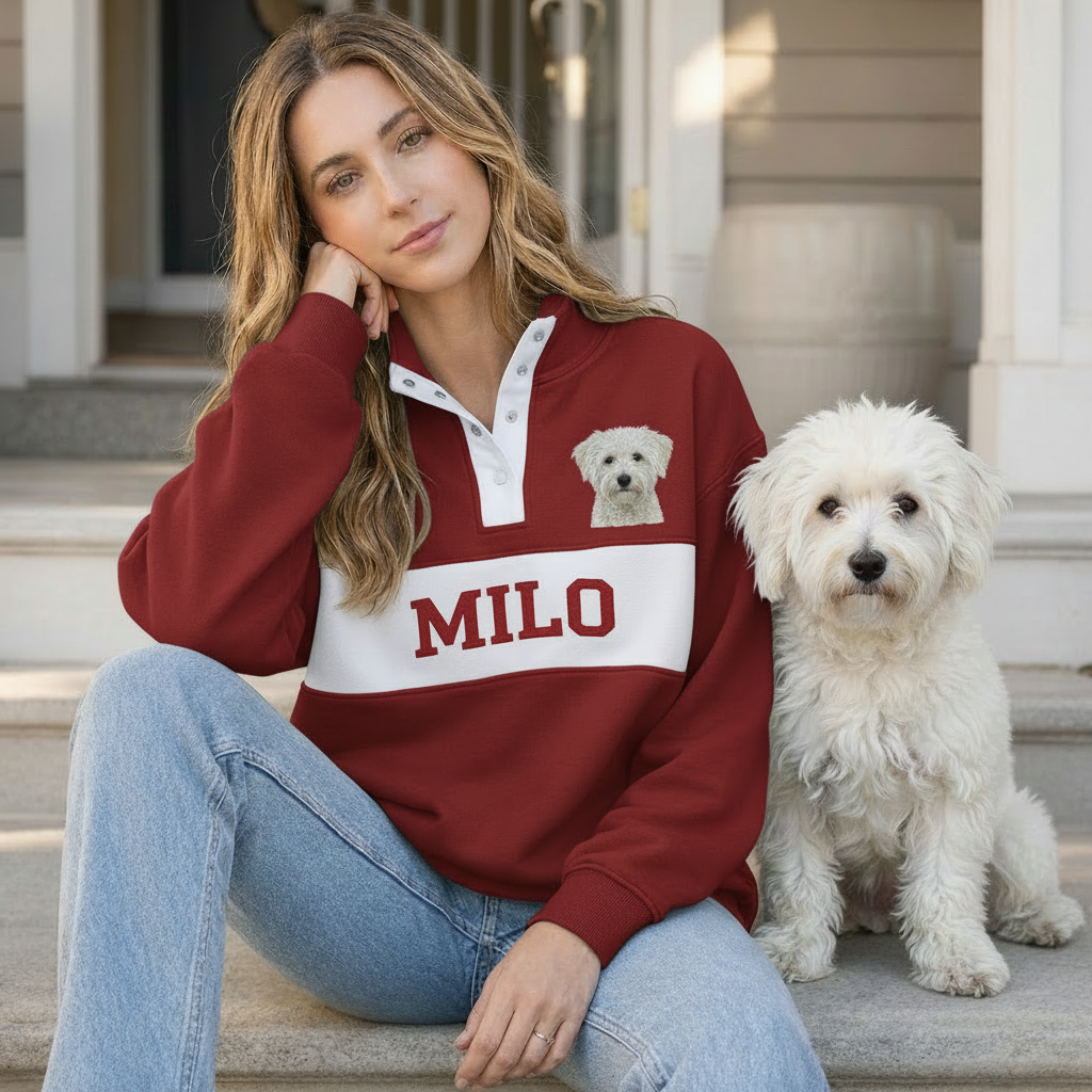 Burgundy Milo pet portrait snap pullover worn beside a white dog