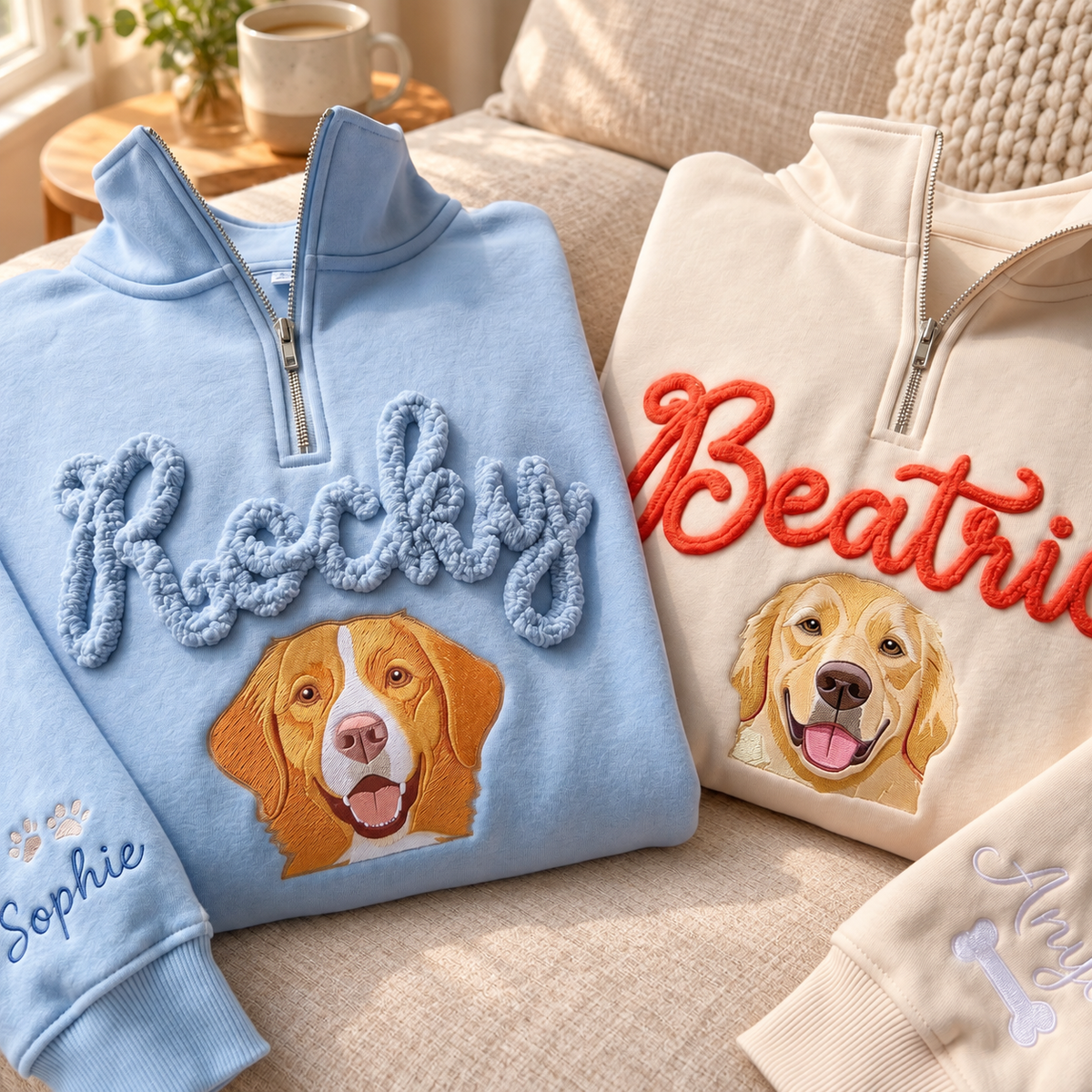 Blue and cream quarter zip pullovers with textured Rocky and Beatric names and colorful dog portrait embroidery