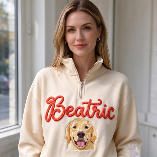 Model wearing cream Beatric pet portrait quarter zip indoors