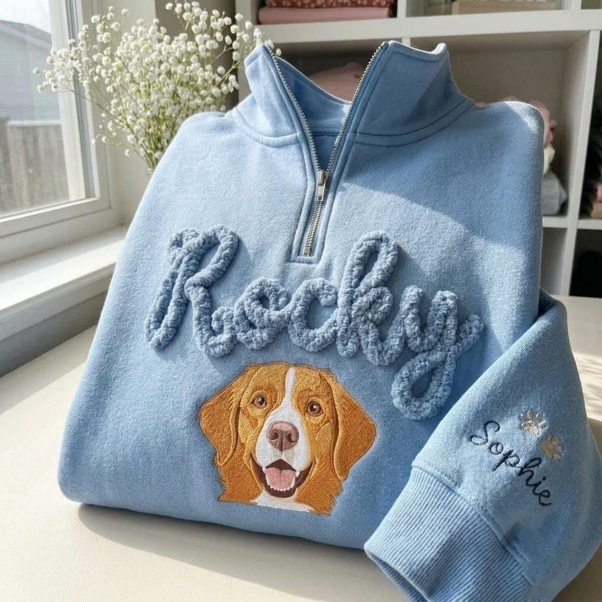 Blue Rocky dog portrait quarter zip with raised name embroidery and sleeve details