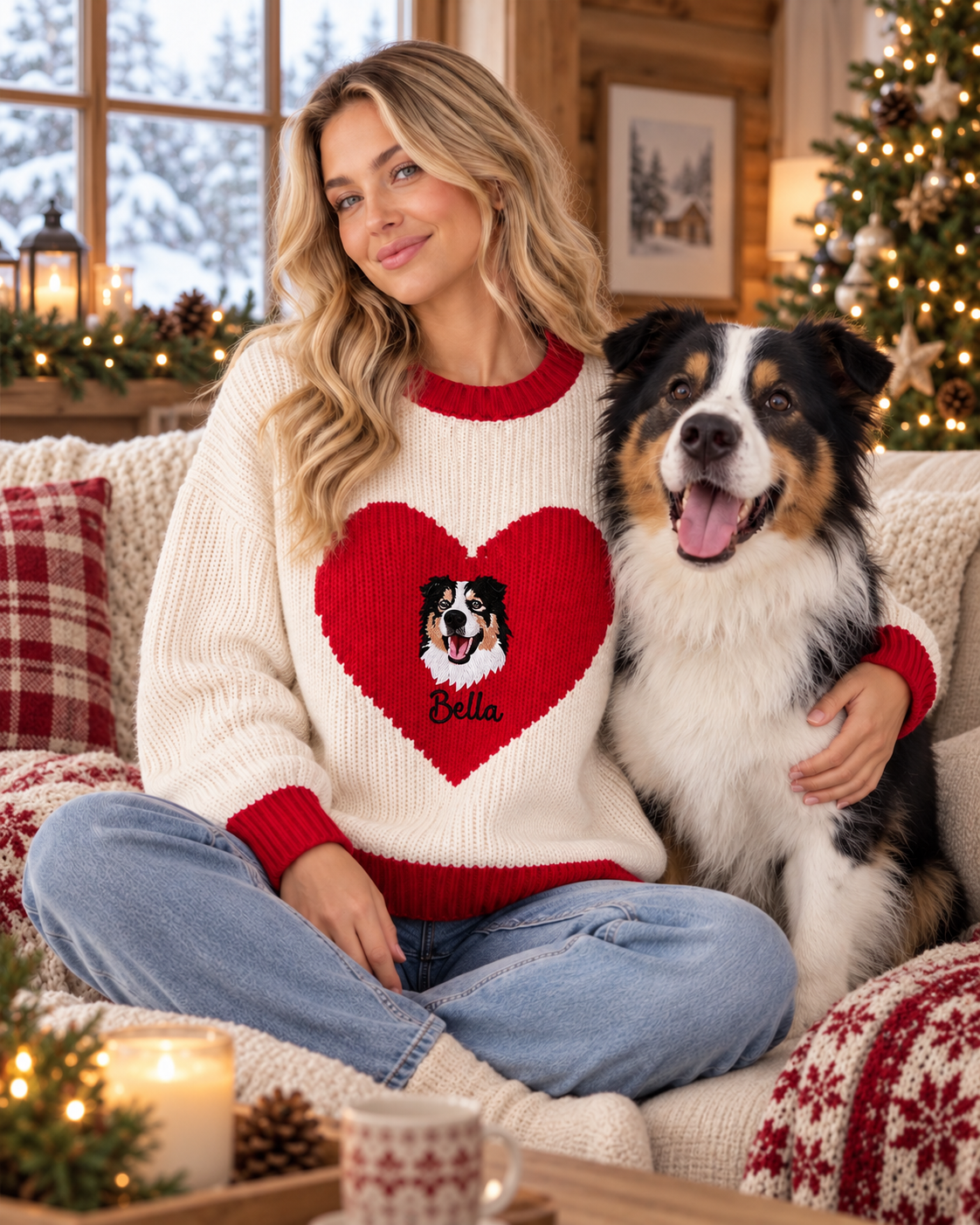 Model wearing cream red-heart Bella pet portrait knit sweater beside her dog
