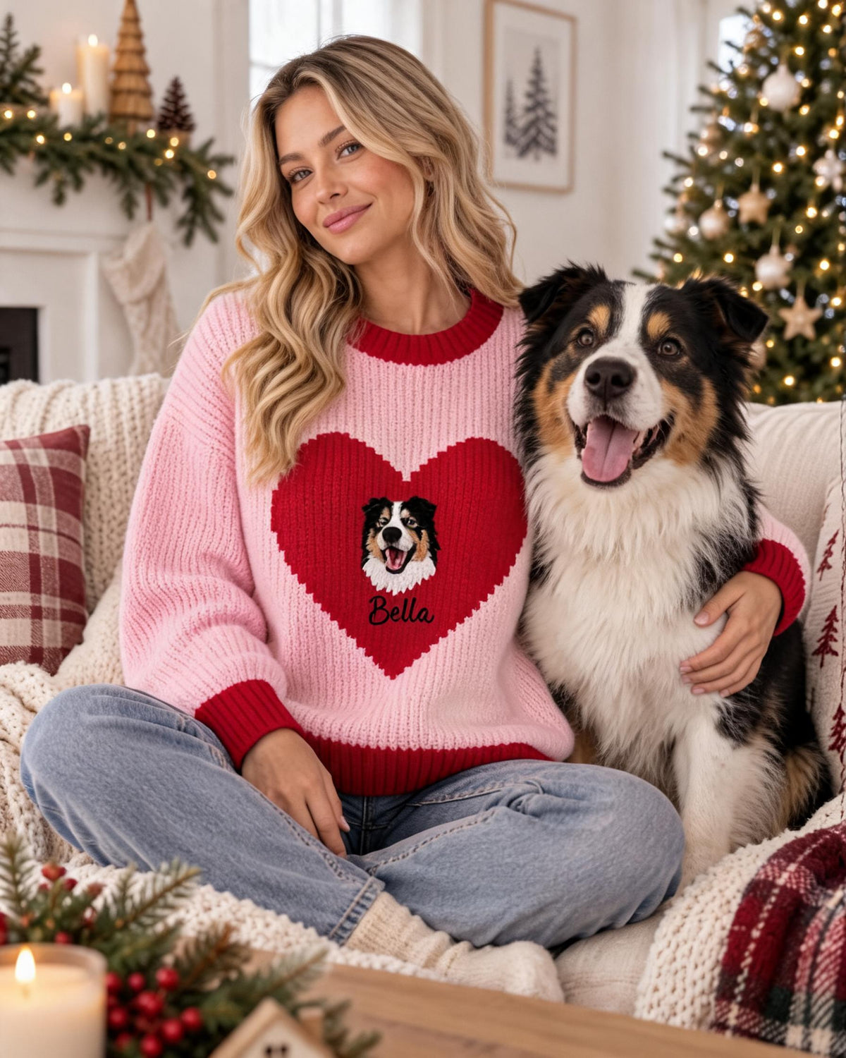 Pink red-heart pet portrait Christmas sweater worn beside an Australian shepherd