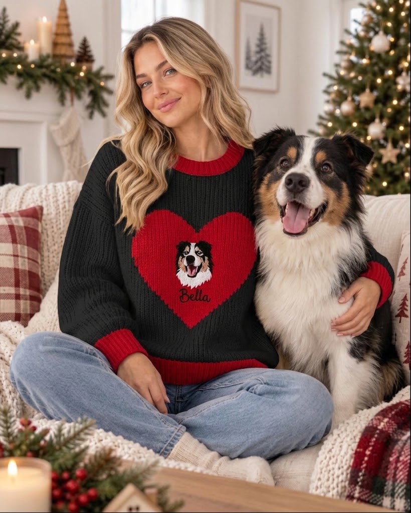 Black red-heart embroidered pet sweater worn beside an Australian shepherd