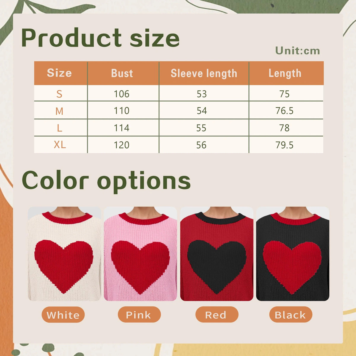 Product size guide S to XL in centimeters with four sweater color examples