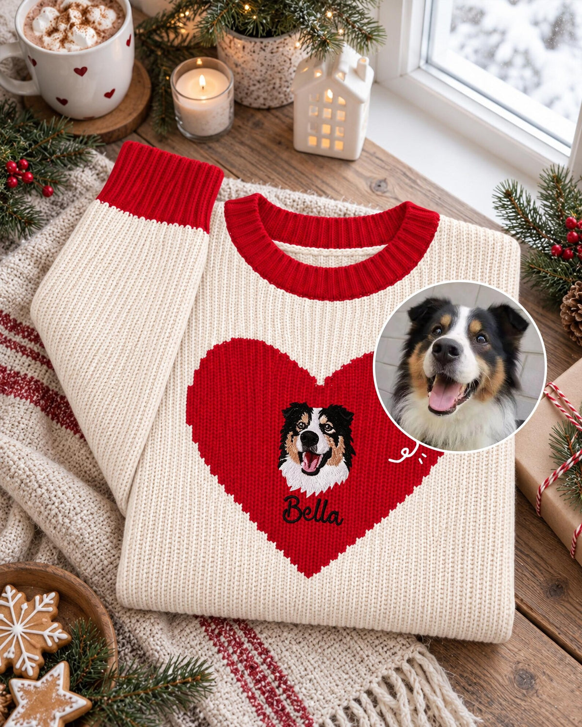 Cream red-heart pet portrait sweater laid flat with original dog photo inset