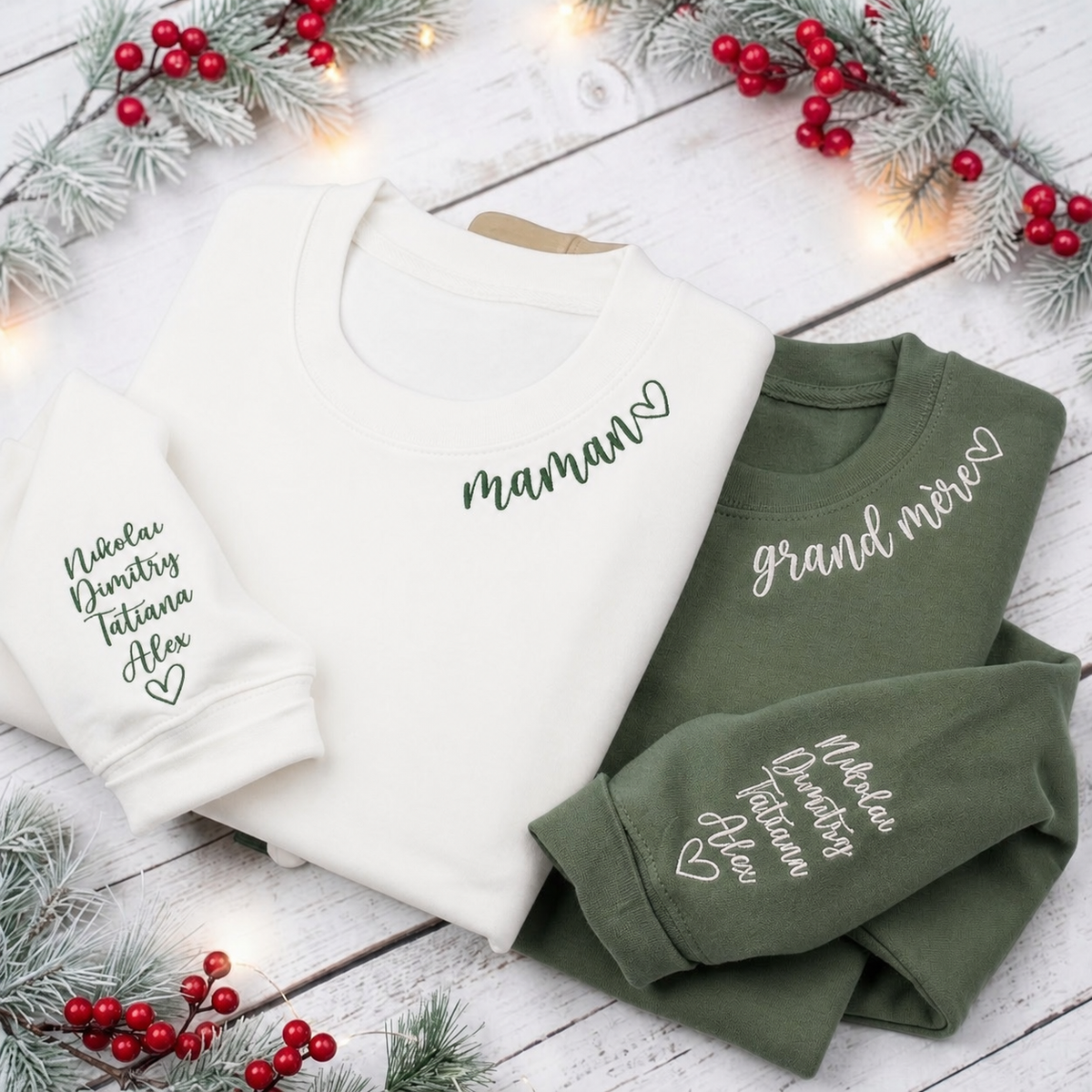 Personalized embroidered apparel with a custom neckline name and children's sleeve names - image 1