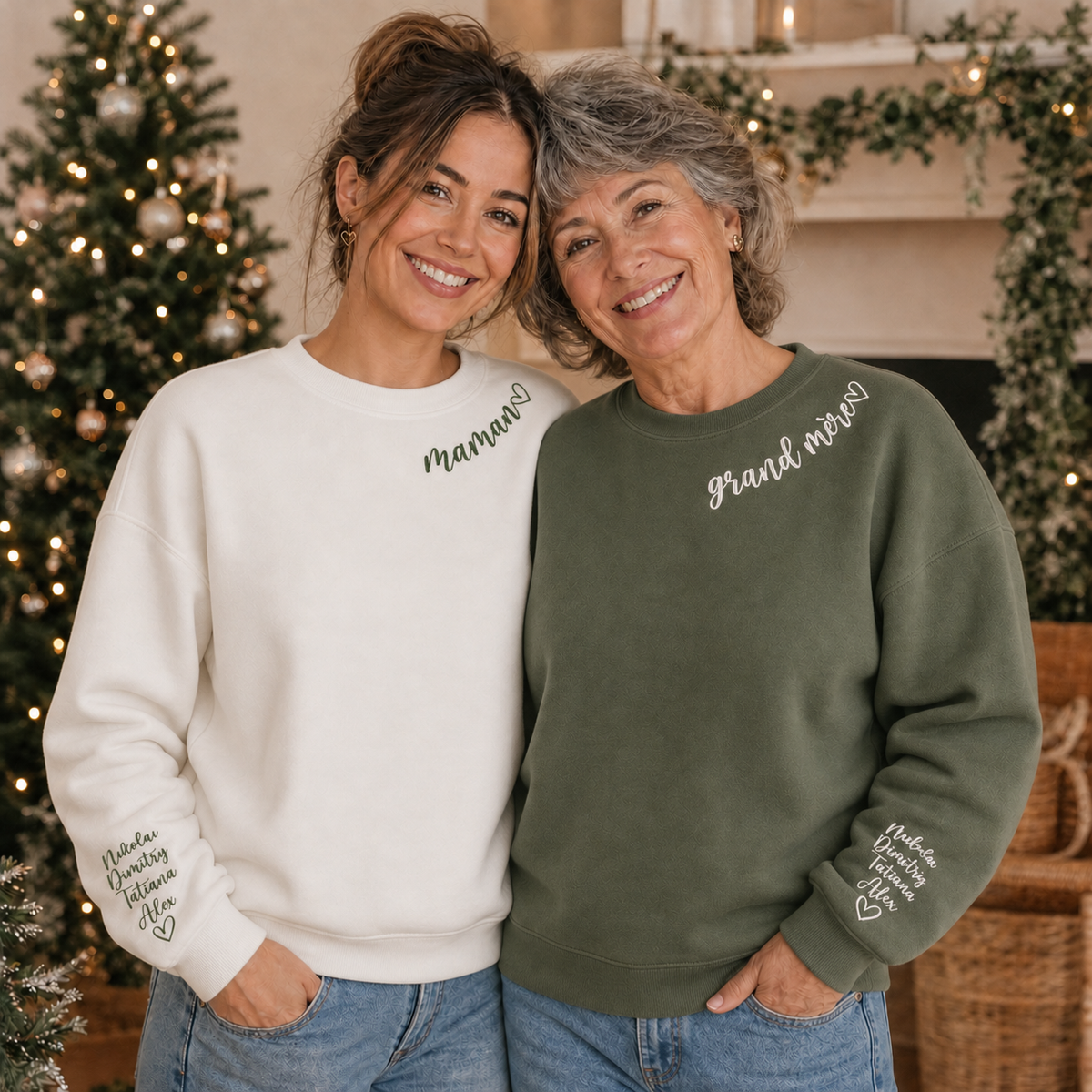 Personalized embroidered apparel with a custom neckline name and children's sleeve names - image 2