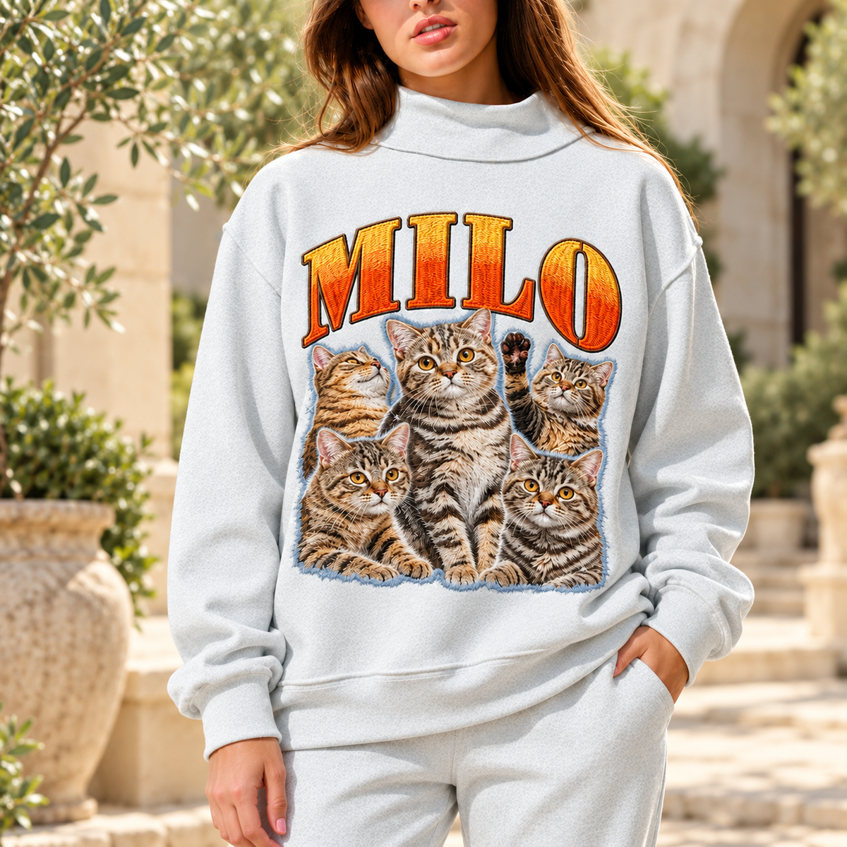 Light gray mockneck sweatshirt with custom MILO tabby cat collage and name