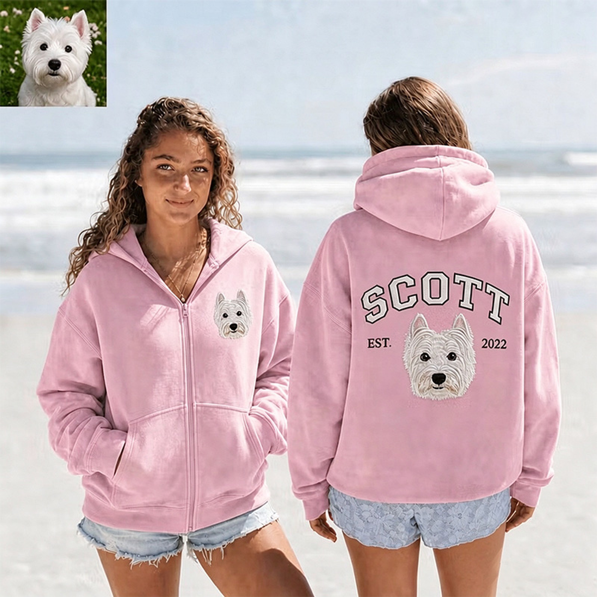 Pink zip hoodie with white dog portrait and SCOTT name on back