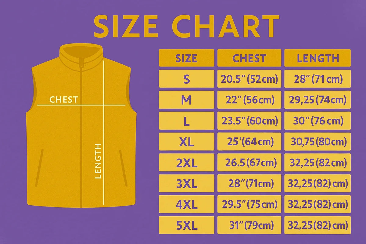 Fleece vest supplier size guide showing flat chest width and length for S to 5XL