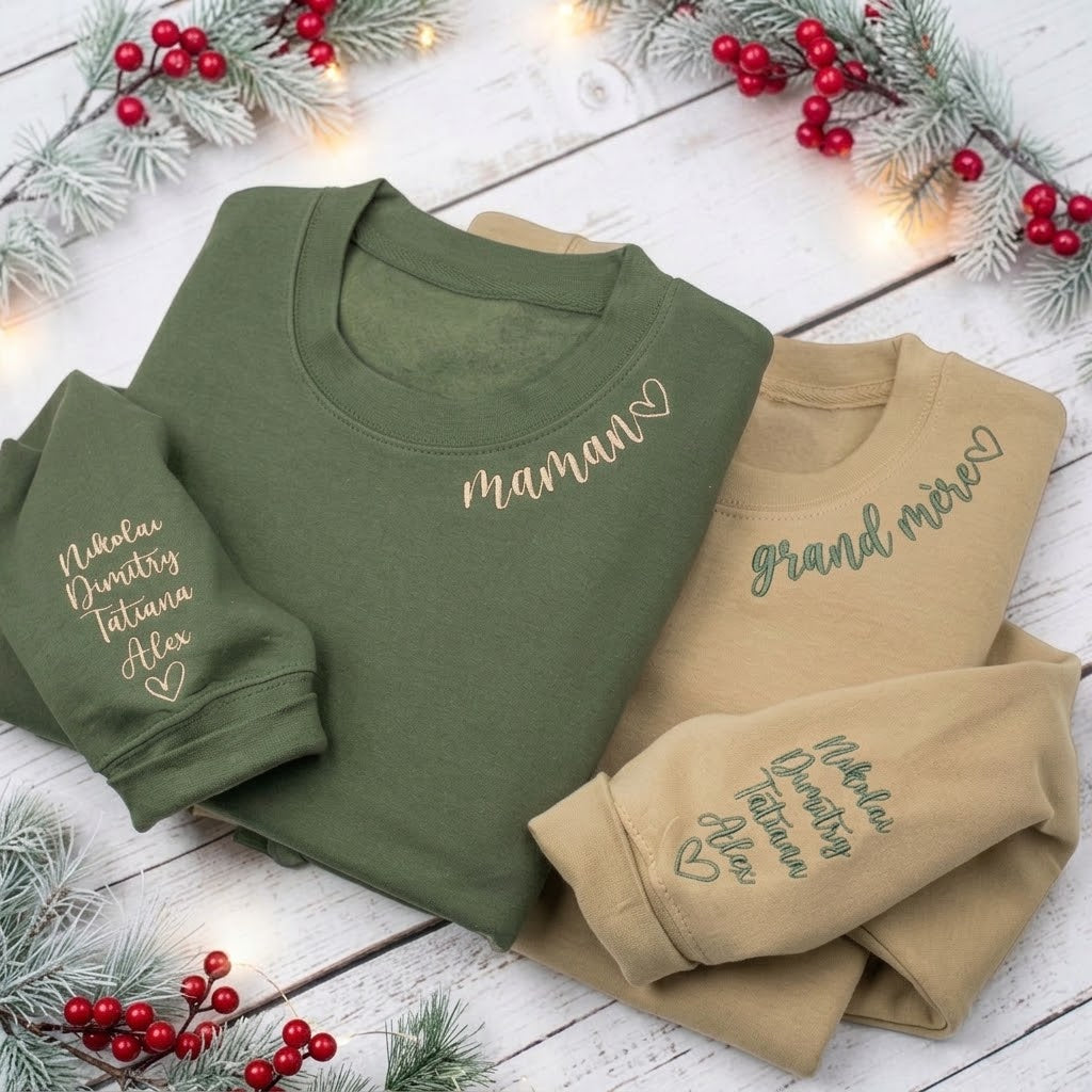 Personalized embroidered apparel with a custom neckline name and children's sleeve names - image 4