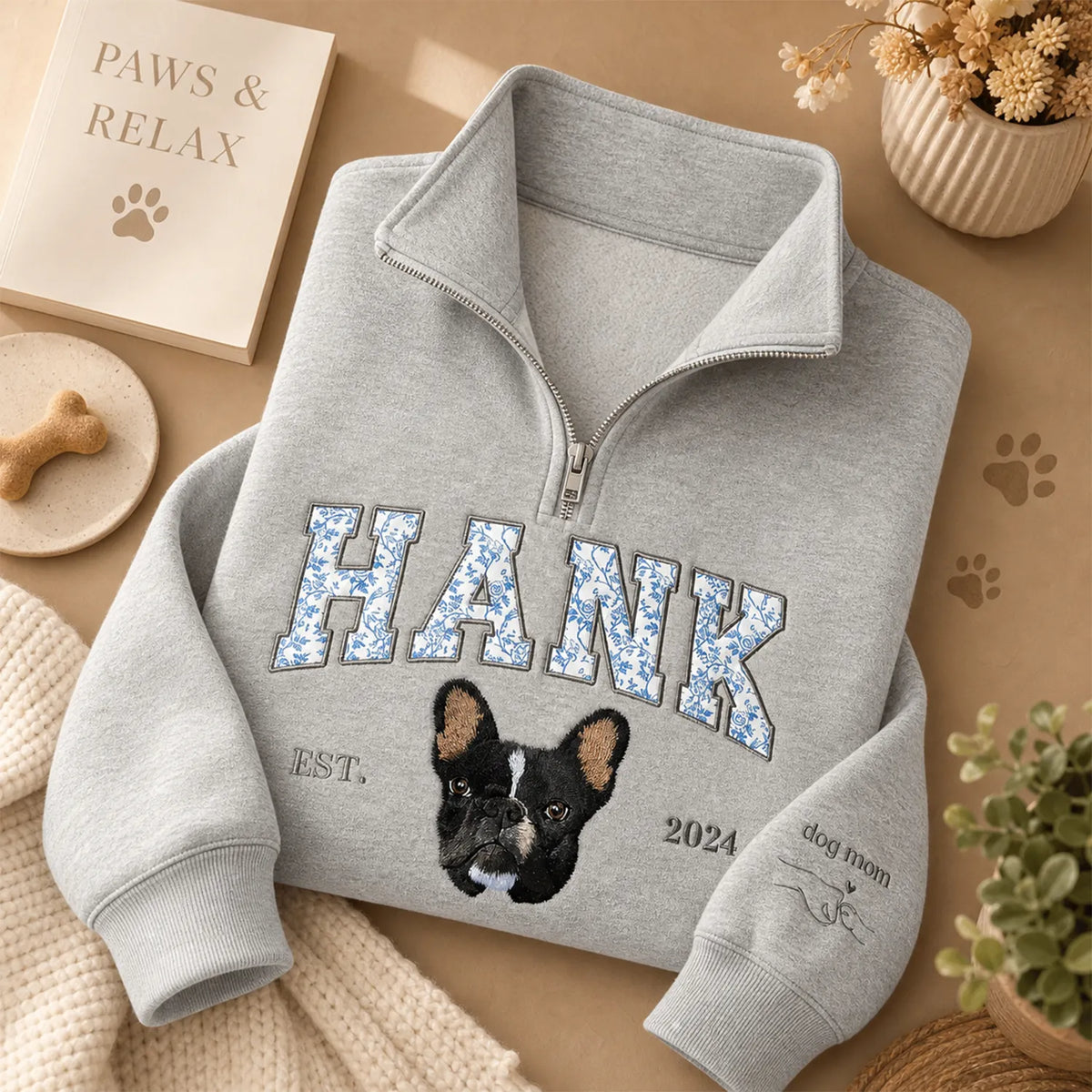 Gray HANK blue floral applique quarter-zip with French bulldog portrait and sleeve embroidery