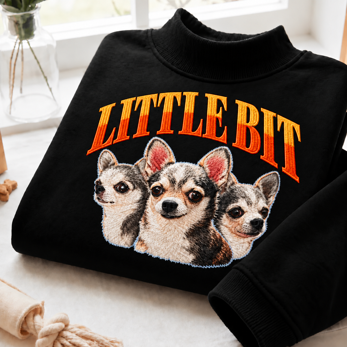 Black mockneck sweatshirt with LITTLE BIT Chihuahua collage and name