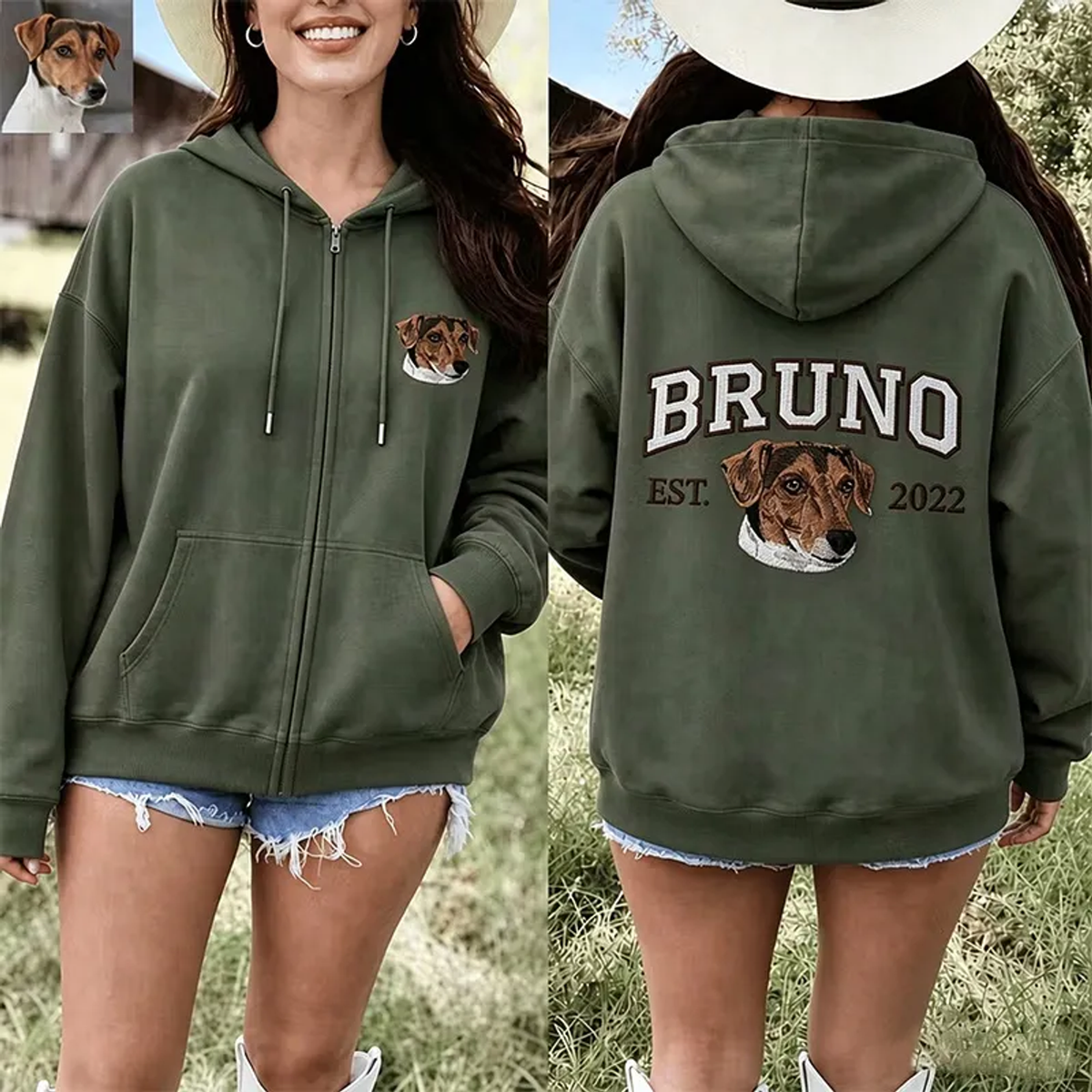 Army green zip hoodie with BRUNO name and dog portrait on back