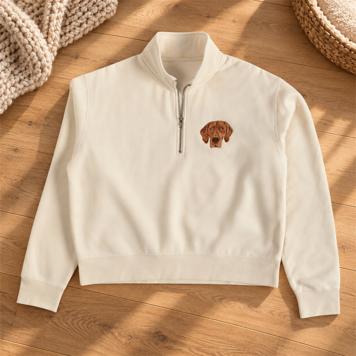 Cream quarter zip sweatshirt showing the full silhouette and brown dog portrait embroidery in a warm sunlit home setting