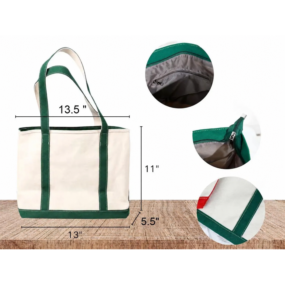 Tote bag dimensions, top zipper and interior zip pocket detail