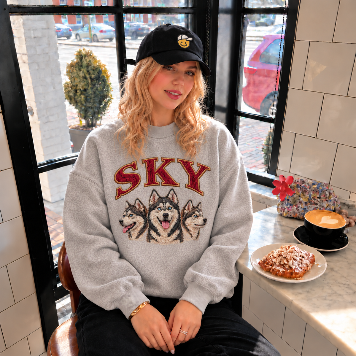 Gray patterned mockneck sweatshirt with SKY husky collage and name