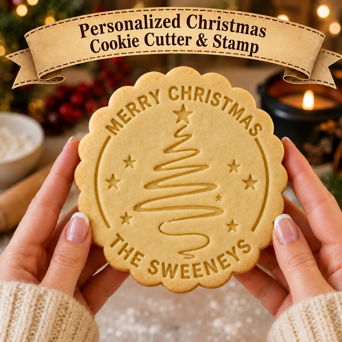 Personalized Christmas tree cookie with Merry Christmas and the Sweeney family name