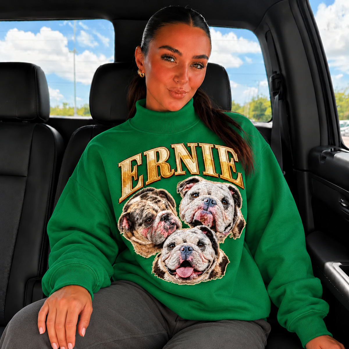 Green mockneck sweatshirt with ERNIE bulldog collage and name