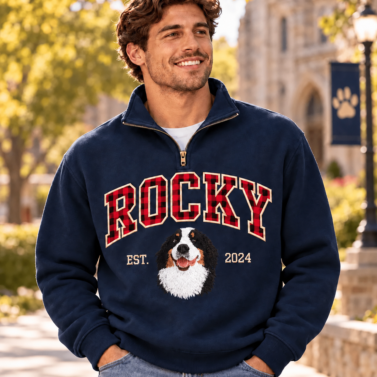 Male model wearing navy ROCKY pet portrait quarter-zip sweatshirt