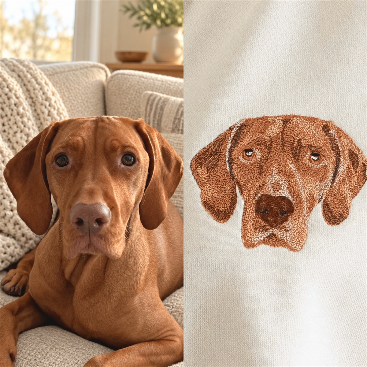 Original dog photograph beside the matching embroidered portrait on cream fabric in a warm sunlit home setting