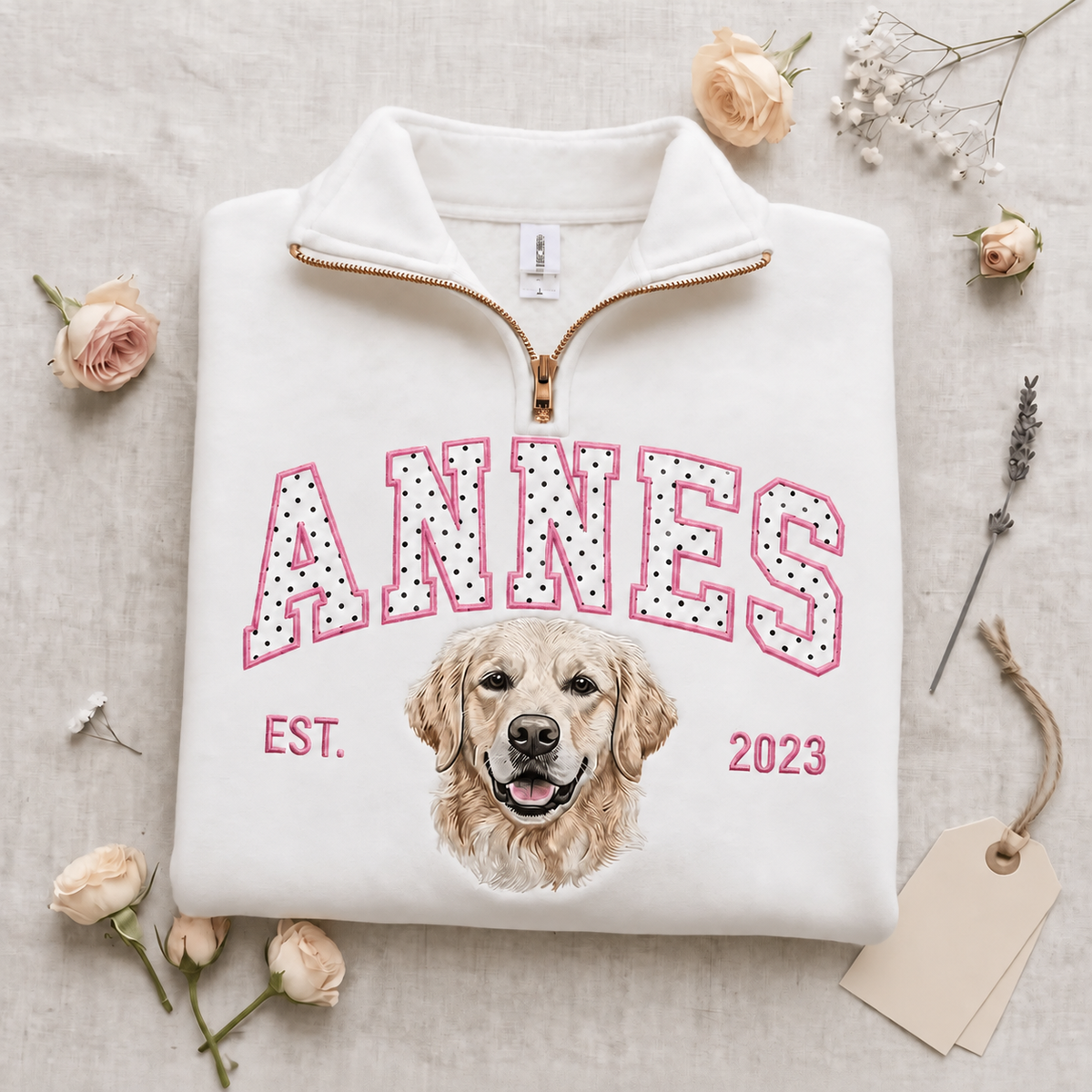 White ANNES polka dot applique name and golden retriever portrait quarter-zip sweatshirt