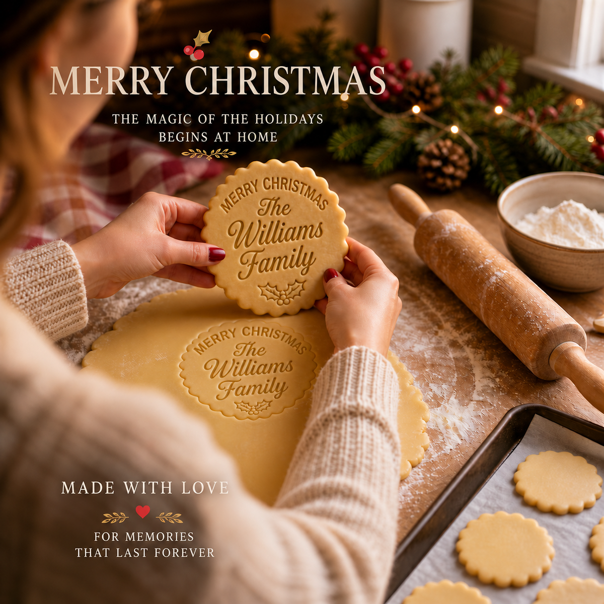 Family Christmas baking with personalized Williams family cookies