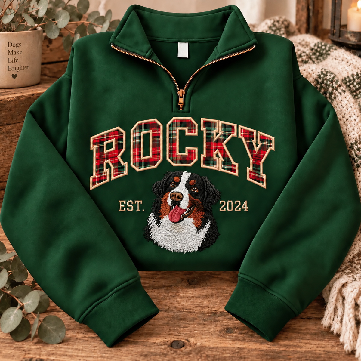 Forest green ROCKY plaid applique name and dog portrait quarter-zip sweatshirt