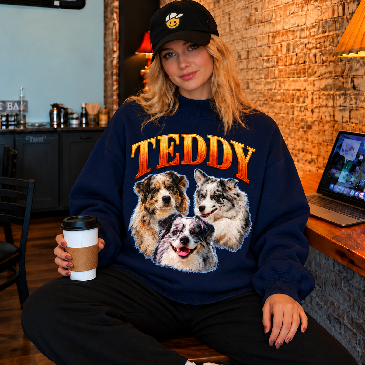 Navy mockneck sweatshirt with TEDDY Australian shepherd collage and name